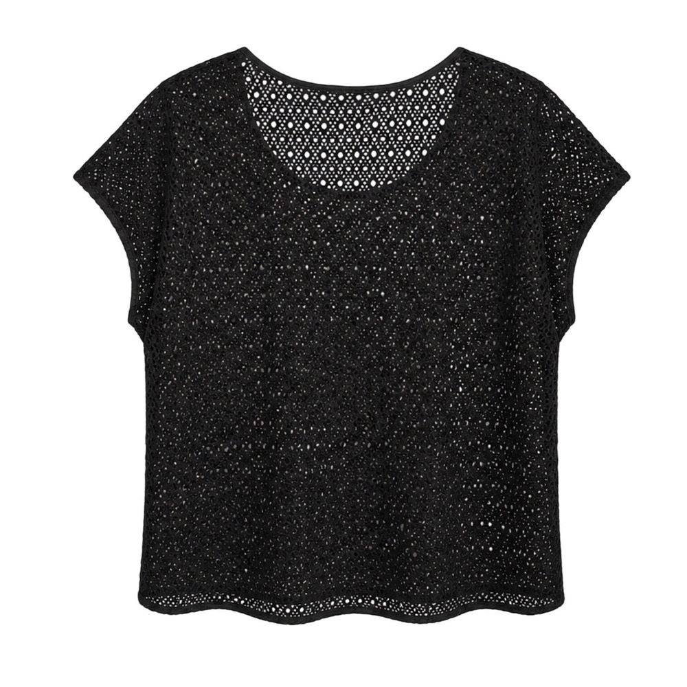 Cato Womens Black Crochet Knit Short Sleeve Scoop Neck Blouse Top Large - Picture 2 of 6
